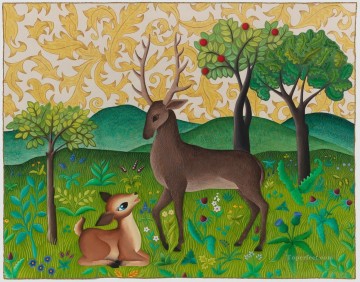 Deer Painting - cartoon deer on hill